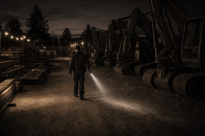 Shield of Steel officer sweeping a fenced construction equipment yard with a flashlight at dusk