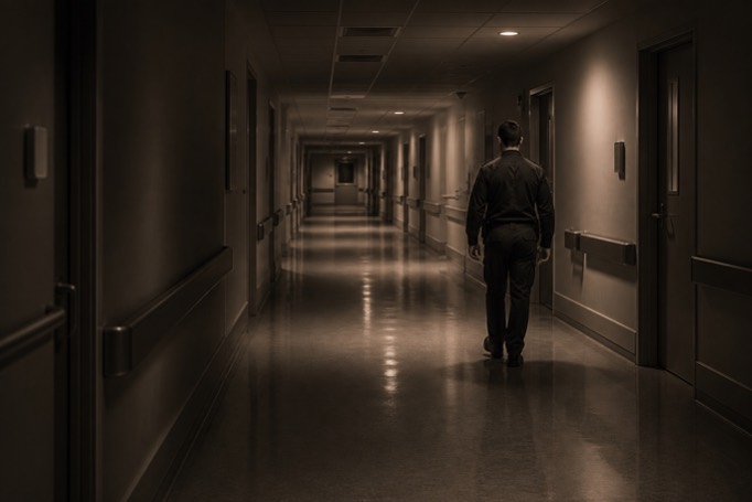 Shield of Steel officer walking an empty hospital corridor on an overnight shift