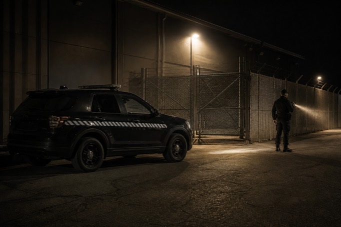 Shield of Steel officer sweeping a warehouse fence line with a flashlight at 2 a.m., marked patrol vehicle at the gate